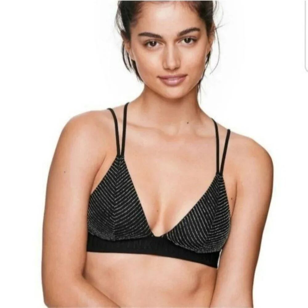 PINK Victoria's Secret Black Silver Metallic Strappy Bralette Medium
